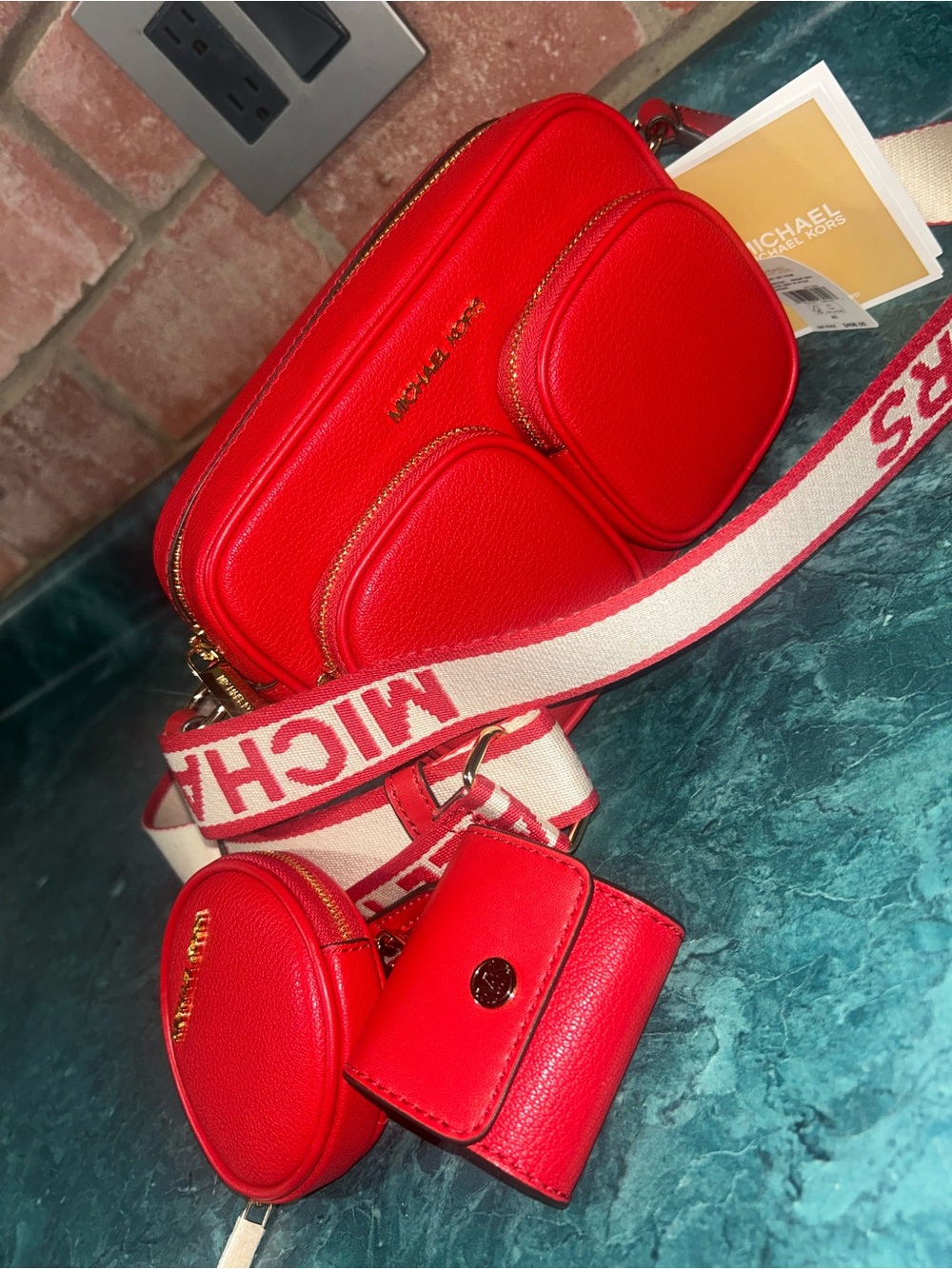 Michael Kors Red Pebbled Leather Crossbody Set with Branded Strap